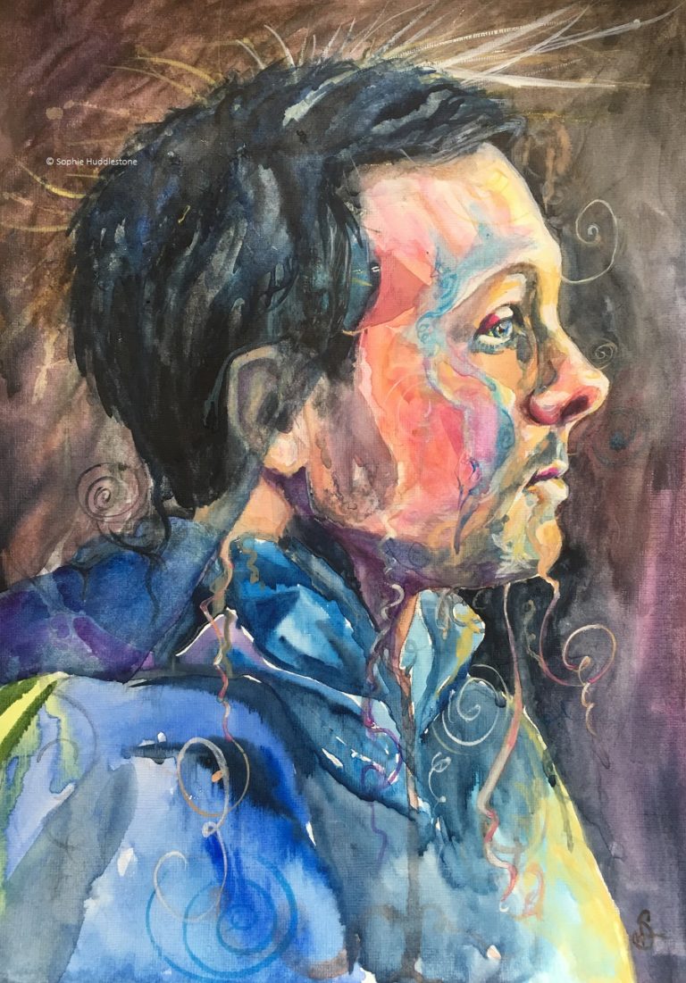 Mysterious Connection, Portrait inspired from Dynamo Magician, painted in watercolours onto paper size 14" x 10" painted by Sophie Huddlstone 2019. I enjoy exploring the patterns that watercolours make when they are allowed to be uncontrolled, and then pushing it slightly further with my own paint brush.  I am not sure why but I added a reference to the Higgs Boson behind his head (the new particle discovered from the big bang). Perhaps magic is real, from the first particles that started off our universe, magic or something out there created the very first parical in space.