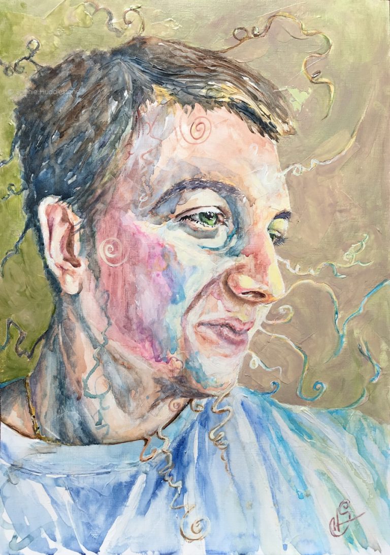 My Son, portrait of my 17 year old son. Size 14" x 10" Painted in watercolours, oil paints and a bit of 3D texture paste in places. After a year of asking, finally my son agreed to me painting his portrait. He was really pleased with the likeness and the way I add the patterns. I hoped to try painting him from life but as a teenager he didn't have time to sit still. Working from a photo where he had tried to look serious but was holding back the giggles. Son Portrait by Sophie Huddlestone 2019