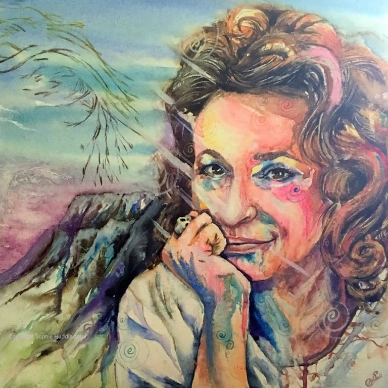 By my side - watercolour portrait inspired by Nadia Swahali and her hubby, painted on to a canvas panel board 40cm x 40cm. Look towards the sky over the woman’s shoulder to notice another’s presence. The sky gently outlines a second person yet the female in the foreground is the one in colour. What is she thinking about? Perhaps distant travels and a husband always on her mind. Portrait By Sophie Huddlestone 2019.