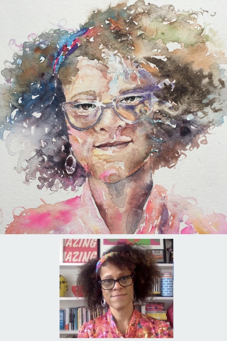 WATERCOLOUR - Portrait of Bernadine Evaristo in watercolours size 9x9 inches on watercolour paper, by Sophie Huddlestone 2020.