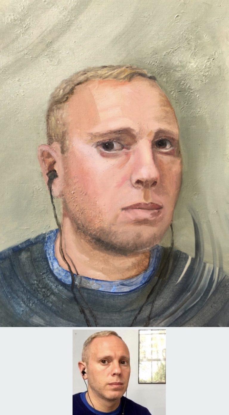 TEXTURED OIL PORTRAIT - portrait of Judge Rinder in oil paints on canvas paper size A4. I wanted to capture a gentle humble spirit, placing him lower on the canvas too. I added swirls on the comfy jumper he wore (instead of his formal barrister clothing) and subtle textured areas in places.  Portrait by Sophie Huddlestone 2020.