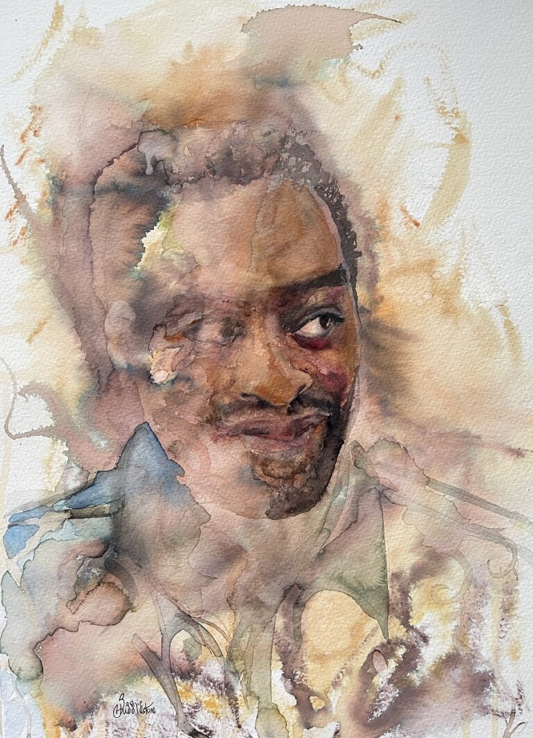 INKS AND WATERCOLOURS - For this portrait I wanted to experiment with darker skin tones. It was based on a reference photo of Chiwetel Ejiofor but I lost the likeness somewhere along the way. Rather than fiddle to get the likeness I kept this as is because I loved the way the patterns formed. Size 14x10 inch, by Sophie Huddlestone 2023
