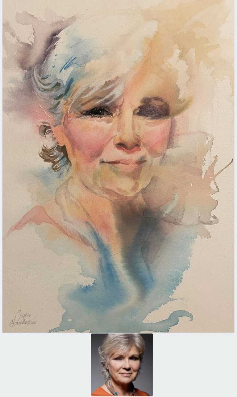 TEXTURE PASTE, INKS AND WATERCOLOURS - For this portrait painting of Dame Julie Walters I wanted a gentler pretty style of patterns to form, it was painted in watercolours, inks and a small amount of texture paste which kept the portrait smoother and more delicate. Size 14"x10",  by Sophie Huddlestone 2023