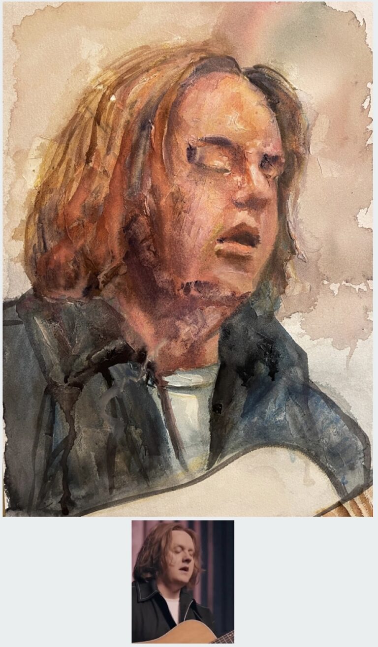 INK PENS, WATERCOLOURS AND TEXTURE PASTE - This portrait of Lewis Capaldi was given a grungy rougher feel by mixing colours ontop of colours and applying the colours in a more consentrated manner. Painted in watercolours, ink marker pens and texture paste, size 14"x10",  by Sophie Huddlestone 2023