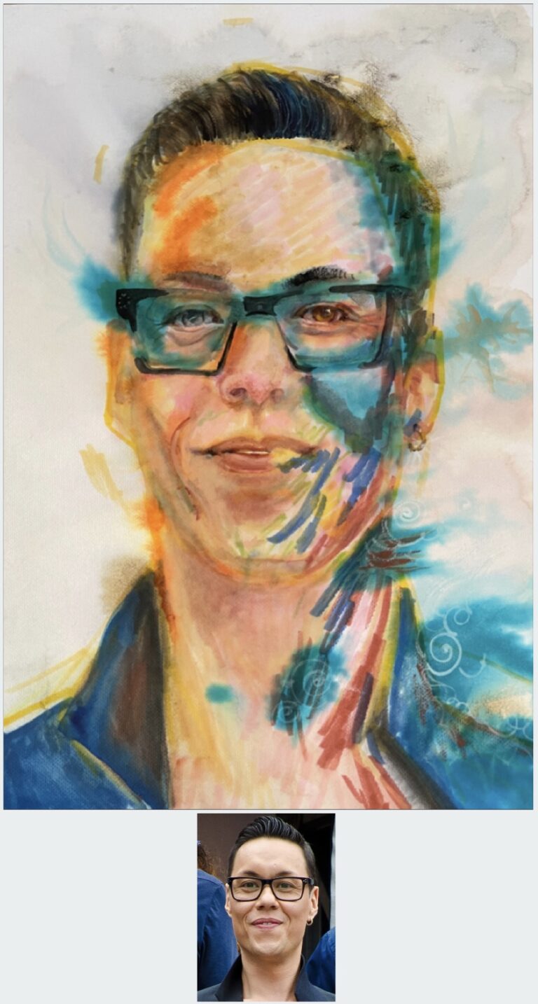 WATERCOLOUR AND INK - portrait of Gok Wan MBE. For this portrait I found a front on reference photo and centered him for composition because he is all about encouraging folks to feel the best and most confident they can. Not sure why I painted one brown eye and one blue, sometimes I just go on instinct painting from my subconscious. I painted this in inks and watercolours on wc hot pressed extra heavy art board size 15x10 inch. By Sophie Huddlestone 2023