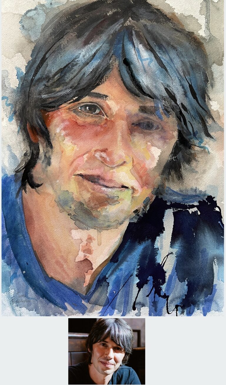 WATERCOLOUR, INK PENS AND TEXTURE PASTE - Portrait of Brian Cox. An inspirational physisist and interesting person, whom puts our tiny planet into perspective. It is very humberling to hear his wealth of knowlege about the universe and planets around us so I wanted to capture gentler humble expresion and his composition closer and cropped as if being in an indepth conversation with the portrait viewer. It took some time to shift through several reference photos of him before finding the exact pose and expression I was after, which I thing may have been taken while relaxing in a resturant or pub, so I hope it captured his spirit as a person and not just his career focus. Painted in watercolours, inks and texture paste, size 14" x 10". 2023 by Sophie Huddlestone