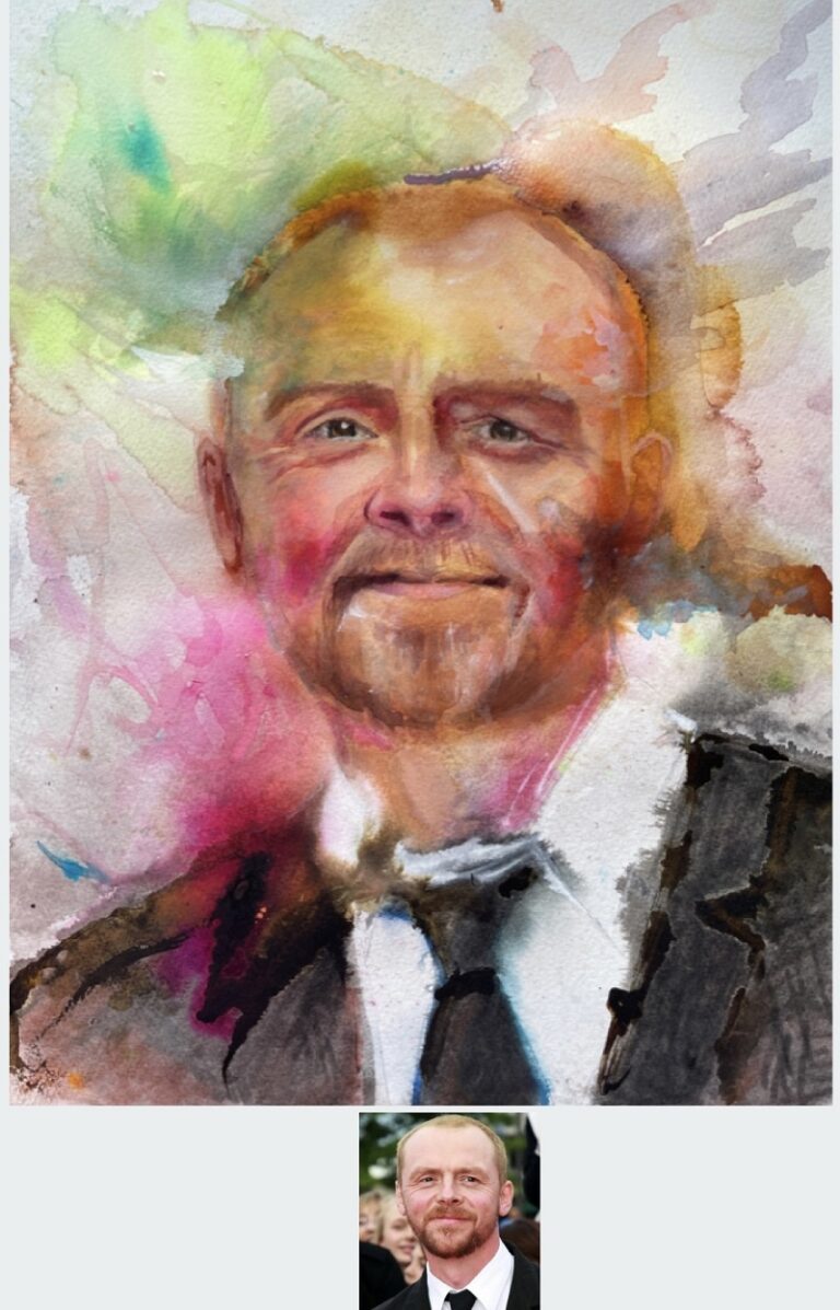 WATERCOLOUR - A portait painting of Simon Pegg Simon Pegg in watercolours , inks and watercolour marker pens, size 12x16 inch. By Sophie Huddlestone 2023