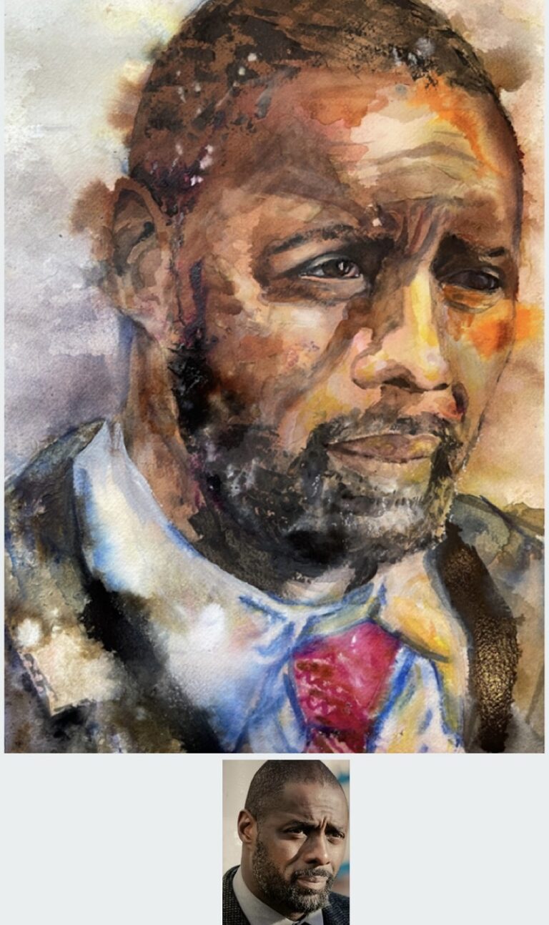 WATERCOLOUR TEXTURE PASTE INKS - portrait of Idris Elba size 102 X 14" on watercolour paper. By Sophie Huddlestone 2023