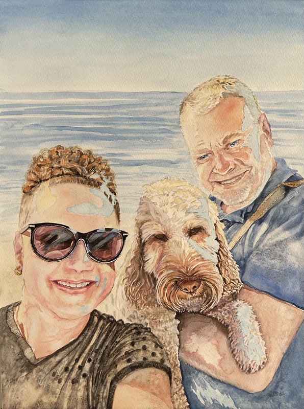 watercolour portrait people and dogs by Sophie Huddlestone
