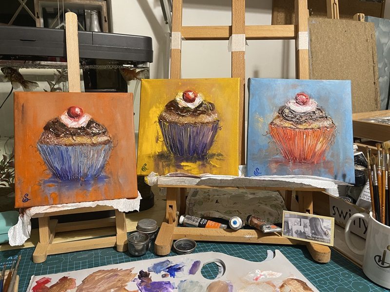 Cupcakes contemporary modern oil paintings in orange blue and purple by Sophie Huddlestone
