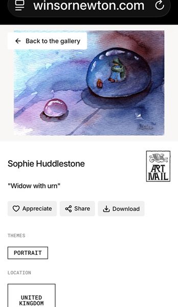 Widow with urn. Sophie Huddlestones post card painting on the winsor newton site