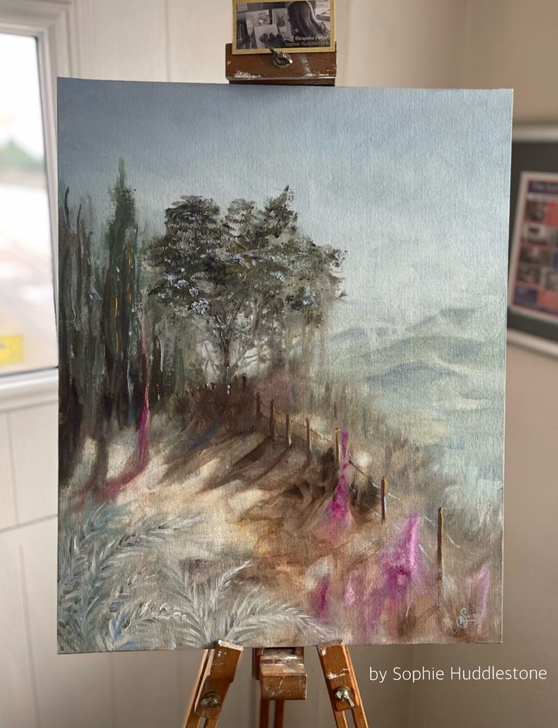 oil painting of a misty morning walk across a woodland path and hills and trees by Sophie Huddlestone
