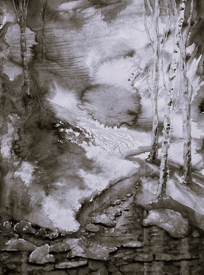 painting landscapes by LAOTY Sophie - birch trees pebble stream painting bw